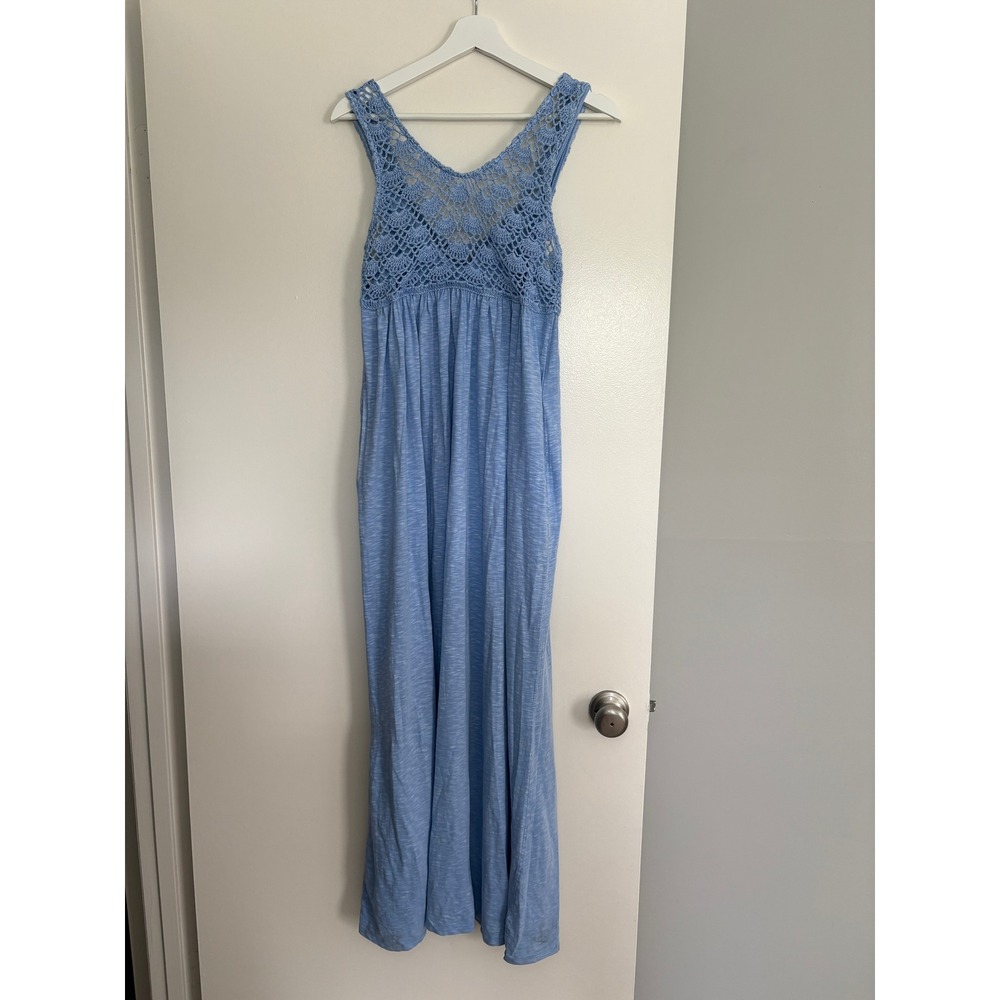 NWT Aerie Crochet Bodice Maxi Dress Small Blue Cotton Slub Sleeveless Pockets - Picture 2 of 9